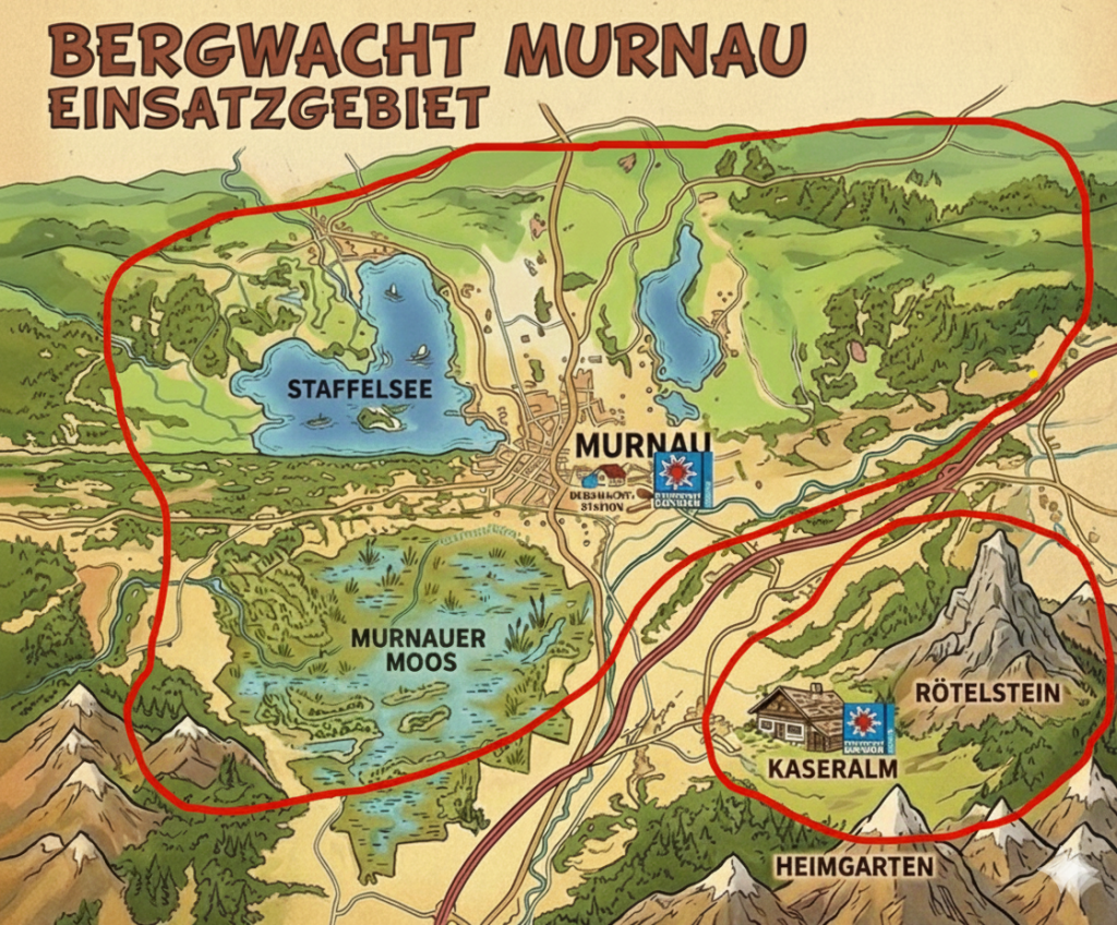 KI generiertes Bild des Dienstgebietes der Bergwacht Murnau. inkl. Murnauer Moos, Staffelsee, Kaseralm und Rötelstein